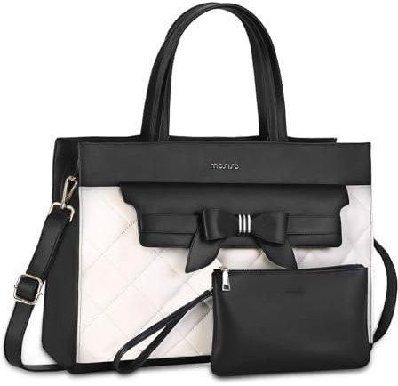 MOSISO Bolsa Tote Portátil, 15,6 Pulgadas Cuero PU Flapover Bolsillo Bolsa Tote&Bolso Embrague, Bolso Trabajo con Bowknot para Mujeres, Impermeable Maletín Ordenador para Oficina Negocios,Negro