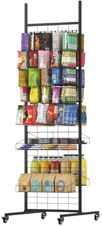 tonchean Heavy Duty Grid Wall Display Stand Double Sided with 50 Peg Hooks | 4 Storage Shelves, Retail Display Rack Floor Standing with Wheels, Black Gridwall Panel for Shop,Market Stall, Craft Fair