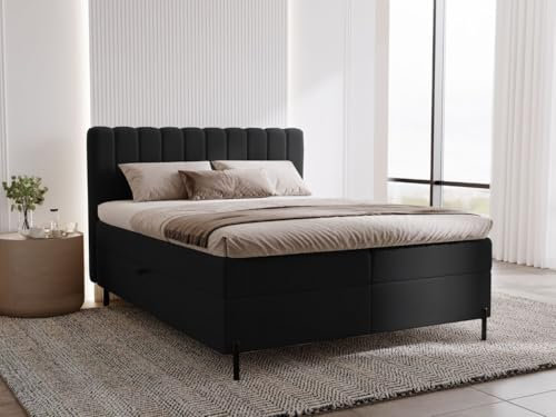 GRAINGOLD Primavera Bett 180x200, Boxspringbett mit Bettkasten, Polsterbett mit Bonell-Matratze, Samt Stoff, mit Topper, mit Kopfteil (Schwarz, 180x200)