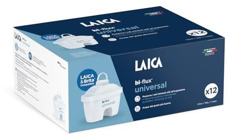 LAICA bi-flux® universal Filtro per Acqua - Compatibile con Caraffe Brita* - Preserva i Sali Minerali e Riduce Cloro e Metalli Pesanti - 12 Mesi di Acqua Filtrata (12 Filtri x 150L) - Made in Italy