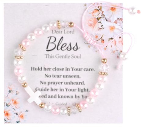 HICOHAND Bracelet réglable en perles roses avec croix - Cadeaux religieux - Décorations pour enfants et filles