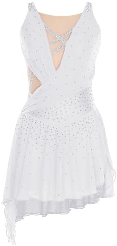 ranrann Femme Robe Patinage Artistique Robe Danse Justaucorps Gymnastique Strass Brillant Costume Spectacle Tenue Dancewear S-XXL C Blanc S