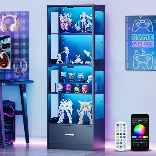 Lamtor Glass Display Cabinets with LED Lights, App & Remote Control, Adjustable Shelves, Curio Cabinet for Collectables, Model Display Case Unit for Living Room, Black