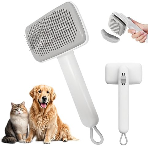 Katzenbürste & Hundebürste selbstreinigend mit Ein-Knopf-Funktion, Fellbürste gegen lose Haare & Unterwolle, sanfte Fellpflege für entspannte Pflegemomente im Alltag