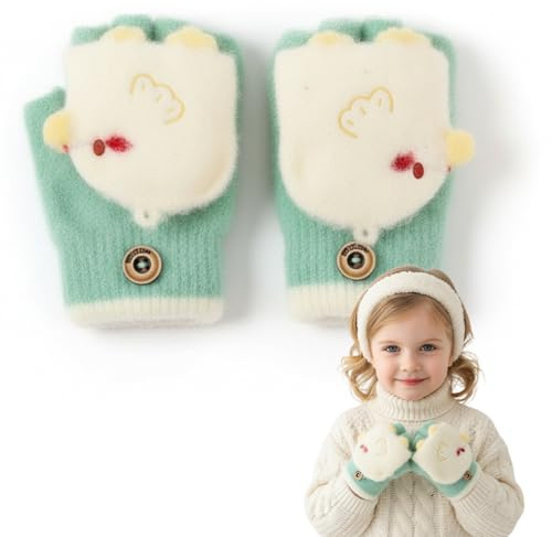 THQAE 1 paio Guanti senza dita, Guanti bambino per bambini Guanti invernali caldi convertibili Flip Top Fodera in maglia morbida ed elastica Cartoon carino per bambini ragazzo ragazze 3-5 anni - Verde