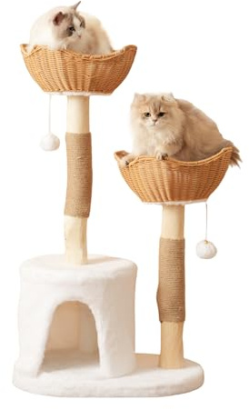 muenfly Kratzbaum groß aus Holz 108cm - Katzenbaum XXL mit 2 Körben, Schlafhaus - Natürliche Sisal-Kratzsäule - Katzenkratzbaum Extra stabil für große Katzen wie Maine Coon