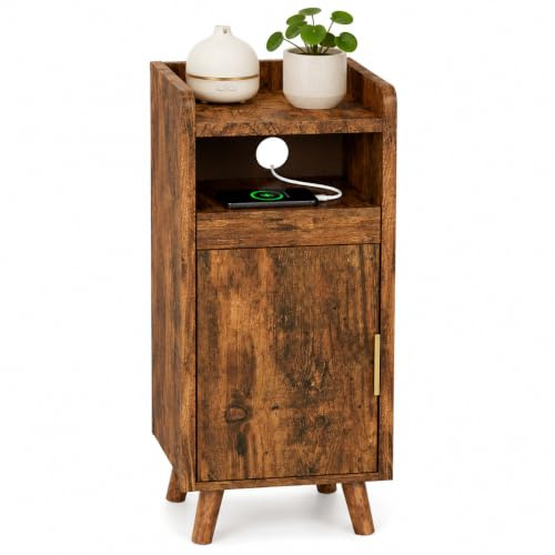 Nivadeui Nachttisch Schmal Braun Holz, Kleiner Nachtkästchen Beistelltisch mit Tür, Nachttische mit Tablett, Metallgriff Massivholz Beinen, Nachtschrank für Schlafzimmer, Wohnzimmer