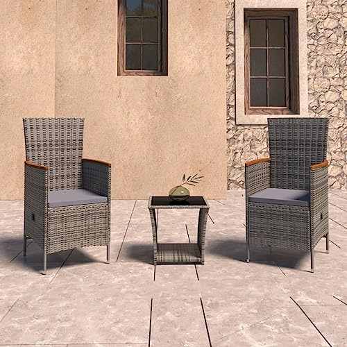 QJBSAVVA 3-TLG. Garten-Lounge-Set Poly-Rattan Grau 45×45×40 cm, verstellbare Rückenlehne, Stahlrahmen, Dicke Kissen, für Balkon, Terrasse, Camping