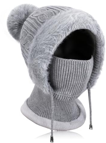 AYPOW Vinter stickad varm mössa mössa mössa för kvinnor, vindtät slokande dam balaklava ansiktsmask halsvärmare mössa hattar med hårboll, mjuk termisk fleece fodrad ullhatt halsduk set med huva
