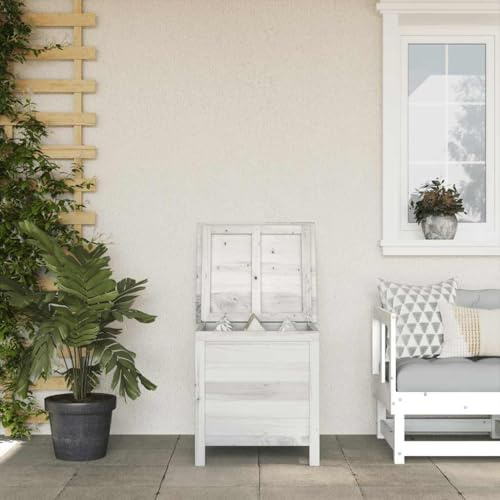 Teenpull Weiße Gartentruhe aus massivem Tannenholz, 50x49x56,5 cm, Holzbox für Garten Outdoor Kissen & Spielzeug, robuste Aufbewahrungsbox