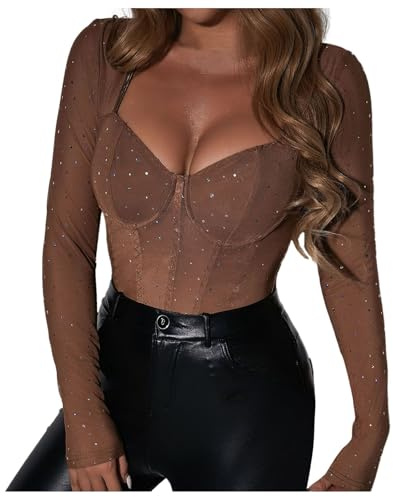 Body Damen Glitzer Langarm Mesh Bodysuits Outfit Curvy Transparent Blusebody Spitzenbody Pailletten Sexy Party Jumpsuit Einteiliger Karneval Oberteil