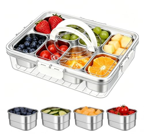 ZgoEC Snack Box Portable Divided Serving Tray with 8 Stainless Compartments | Snackle Box with Lid & Handle, Reusable Snack Plate for Travel Picnic, Snack Tray Organizer for Fruits Nuts, Food Container