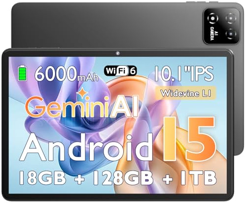 UBDXBD 10 Inch Tablet Android with Case, Android 15 Tablets, 18GB RAM (6+12) + 128GB, T30 Octa-Core, 1TB Expandable, WiFi 6, 6000mAh Battery, 1280×800 HD IPS Display, GPS, Widevine L1,Gray