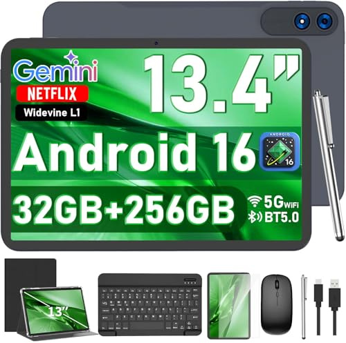 13 Inch Tablet, Android 16 Tablet with Keyboard, 32GB+256GB+2TB Expand, 120Hz 1920x1200 IPS Display, Gemini AI, 10000mAh, 8-Core, Wi-Fi, GPS, Large Screen 2K Tablet PC with Case, Mouse, Stylus(Black)