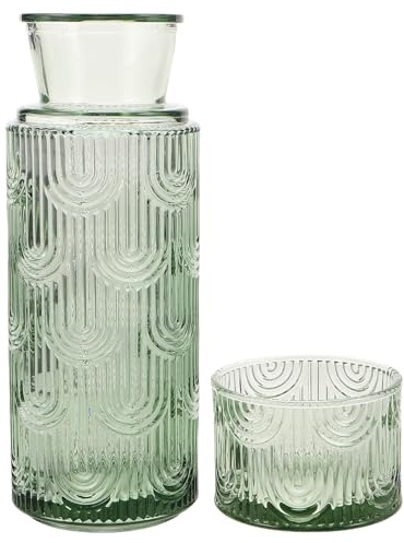 TIKODIDA Juego de Jarra y Vaso de Vidrio Repujado Verde, Jarra de Agua Fría y Vaso para Mesita de Noche, Set de Cristal para Jugo y Agua, Garrafa Decorativa y Funcional para Uso Diario