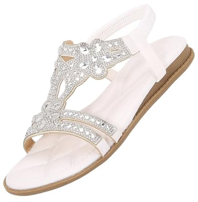 Generico Kvinnor Lätta Sommarplatta Sandaler Flip Flops Casual Toe Ortopediska Skor Strass Sandaler Strandsandaler Mode Bekväma Andningsaktiva Tofflor Elegant Halkfri Strand, Vit, 42 EU