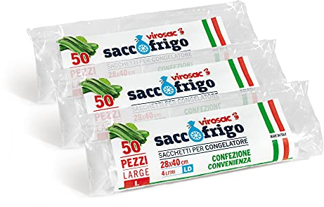 VIROSAC Sacco Frigo - Sacchetti per la Conservazione e la Congelazione Degli Alimenti, LDPE, Trasparente, 28 x 40, 50 Pezzi per Rotolo, Kit da 3 Rotoli,