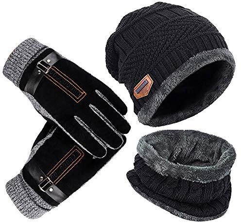 YULOONG Beanie Hat Sciarpa Guanti Set Inverno Cappello lavorato a maglia Scaldacollo Touch Screen Guanti da guida Unisex