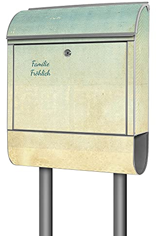 banjado® Briefkasten mit Standfuß personalisierbar Motiv Patina Papier - Stand Briefkasten mit Zeitungsfach pulverbeschichtet aus Stahl Silber - Postkasten A4 Einwurf inkl. 2 Schlüssel