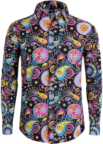 COSAVOROCK Män 70s Hippie Skjorta Hippy Fully Paisley Fancy Klänning Funky Casual Skjortor L