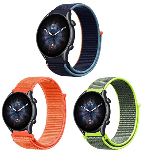 ZoRoll 3 stycken 22 mm armband för Amazfit Balance/Bip 6/Bip 5/GTR 4/GTR 3 Pro/GTR 3/GTR 2e/GTR 2, nylon kardborreband ersättningsarmband för Amazfit Cheetah/Cheetah Pro – gulgrön mörkblå orange