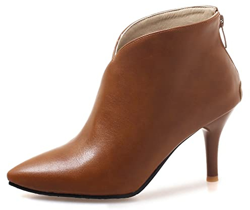 Viéctaa Bottines Femme Hiver Talon Haut Aiguille Sexy Bout Pointu Zip Low Boots Chaussures Soirée Camel Marron 37