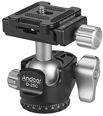 Andoer D-25C CNC Machining Aluminum Alloy Double Notch Ball Head Mini Ballhead Low Center of Gravity for Manfrotto Tripod Monopod for DSLR Cameras Max Load Capacity 10kg