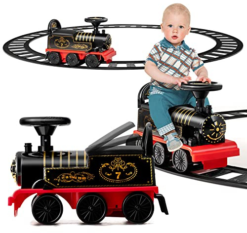 COSTWAY Train Porteur Electrique Enfants avec 16 Pièces de Rails, Voiture Porteur en Forme Lion avec Lumières & Sons, Boîte de Rangement Caché & 6 Roues, Charge 25kg pour Enfants de 3 Ans+