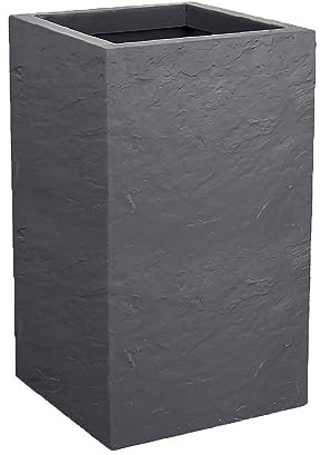 EDA Volcania'Up - Maceta Cuadrada Alta 36 L, decoración de Piedra de imitación – Zona de retención de Agua – 29,5 x 29,5 x 49,5 cm, Color Gris