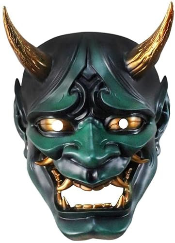 ASHWAM Masque d'horreur japonais en latex souple pour cosplay, Halloween, fantôme et démon (vert)