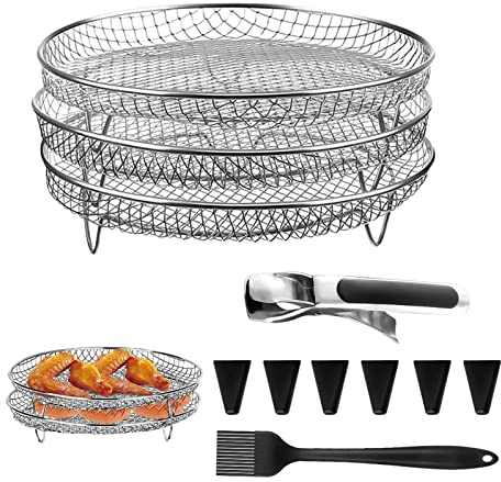 Tioheam Stapelbares Air Fryer Rack - Zubehör für 3-Schicht-Heißluftfritteusen für Öfen | Heißluftfritteuse-Korb für Ofen, Edelstahl-Grillkorb, Antihaft-Korb-Set für Zuhause