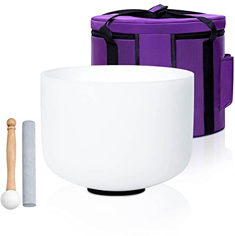 SOUNDELLO Cuenco tibetano de cristal de cuarzo blanco E Note de 8 pulgadas, para sanar la atención plena, meditación, yoga, baños sonoros, con funda de goma