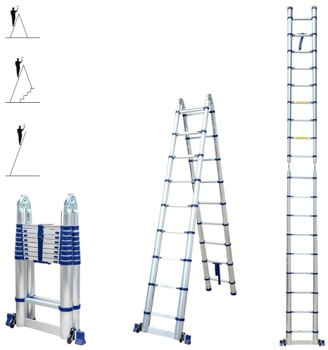 HOSTRÖM Echelle télescopique articulée 5,6m STEMPAKT, escabeau 2x9 marches Pliable Professionnel Multifonction, H Max Travail 6,5m, Garantie 5 Ans