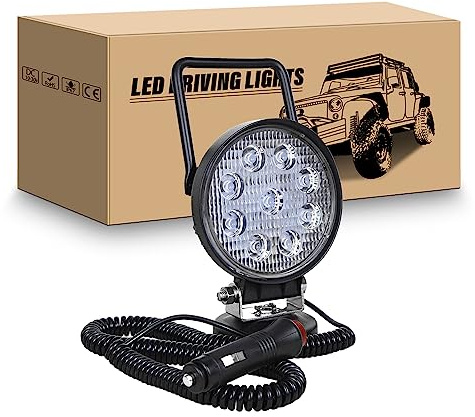 RIGIDON Led Arbeitsscheinwerfer mit Magnetfuß, 4 Zoll 27W Rund Scheinwerfer | 12V 24V Flood Offroad Zusatzscheinwerfer, Zigarettenanzünder, 5 meter Kabel für Auto Traktor KFZ LKW 4x4 Camping Boot, 6000K