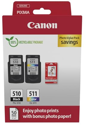 Canon PG-510 + CL-511, Cartuchos de Tinta Original, Cartucho de Tinta Independiente en Color Negro y Cartucho Multicolor, Incluye 50 Hojas Papel Fotográfico 4 x 6, Compatible con Impresoras PIXMA