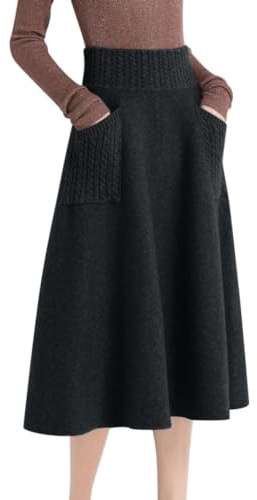 Minetom Strickrock Damen Herbst Winter Stricken Lange Röcke Hohe Taille Elegant Elastisch Einfarbig A-Linie Midi Rock mit Tasche A Schwarz XS