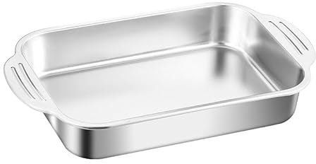 UIOPPOI Stainless Steel Bakeware Deep Rectangular Baking Dish Durable Thicken Lasagna Pans Anti-Slip Double Handle Casserole Dishes for Kitchen Roasts, Cake Cooking large A