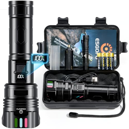 Esgofo Super Bright Flashlight 10000 High Lumens Rechargeable,Powerful Long Distance 3280ft Strong LED Flash Lights,Long Lasting 10H LCD Digital USB Discharging Function,Focus & Brightness Adjustable