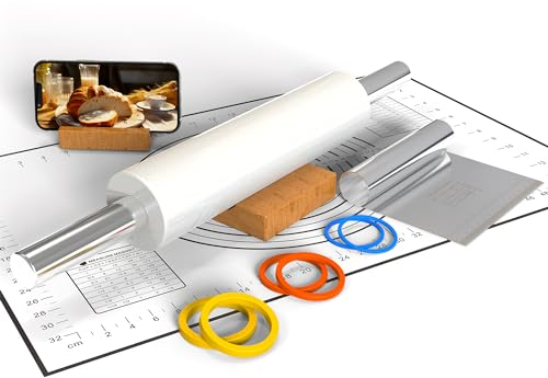 Mepple Mattarello in marmo con tappetino da forno e tagliapasta in acciaio inossidabile, mattarello in marmo da 47 cm, per cuocere crosta di biscotti e pizza croccante con 3 anelli di spessore