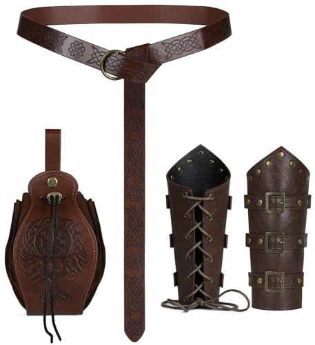 SWAWIS Halloween Nekromanten Anzug, Mittelalter Kleidung | mit Mittelalter Gürtel und GüRteltasche, PU-Leder Wikinger Mittelalter Accessoires Set für Cosplay Halloween Zauberer Hexe