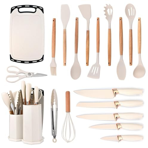 Kitchen Utensil Set, Kitchen Knife Sets with Block and 11 PCS Cooking Utensils Set,Heat Resistant Silicone Utensils, 6 Piece Stainless Steel Knive Set with Whisk Tongs and Cutting Board (White)