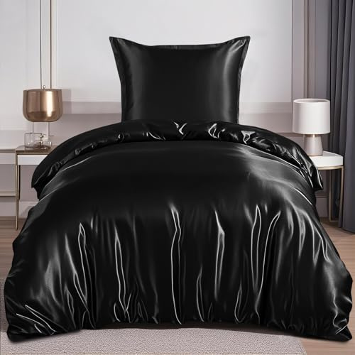 RUIKASI Satin Bettwäsche 155x220 Schwarz - Seidig Luxus Bettbezug mit Glanz wie Seiden Bettwäsche Set für Haar und Haut, Glänzend Bettwäsche 155x220cm mit Reißverschluss und Kissenbezug 80x80cm