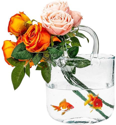 Duscdesp Vas glas handväska stor, klara vaser färgglad handgjord blomvas, dekorativ glasvas stor vas aesthetisk, väska glasvaser med handtag för långskadade blommor, frukt, fisk (transparent)