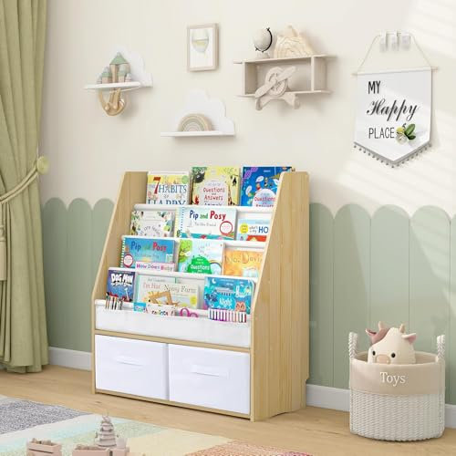 MALLBEST Childrens Bookshelf Kids Sling Book Rack with Two Storage Boxes and Toys Organizer Shelves Natural Solid Wood Baby Bookcase, Kinder-Bücherregal mit Stofffächern