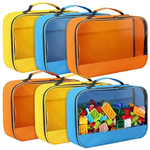 6 Pcs Large Oxford Cloth Toy Storage Bags-33 x 22 x 10.5cm Visible Organizer Pouch with Mesh Side- Waterproof Travel Toy Organizing Bags-Zippered Toy Container with Handle for Building Blocks, Puzzle