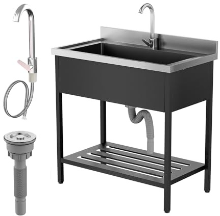ROVSUN Stainless Steel Black Utility Sink, Free Standing Sink with Faucet & Legs for Laundry Room, Kitchen, Restaurant, Garage, Outdoor Garden, Backyard, Commercial, Industrial 20D x 36W x 38.39H