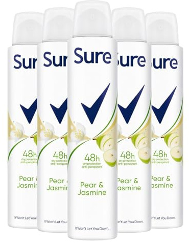 Sure Nonstop Protection Anti Perspirant Deodorant Spray Pear & Jasmine, Pack of 5, Alcohol-Free Deodorant for Women 48-Hour Odour and Sweat Protection with Fruity and Floral scent, 200ml