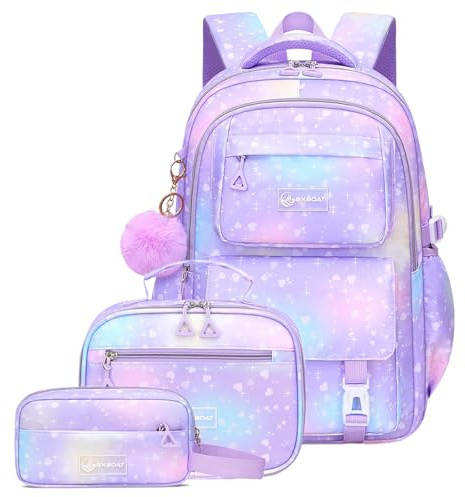 Amythe Mochila Escolar Niña Primaria 3 Piezas, Mochila para Niñas y Bolsa de Almuerzo 7 a 12 Años, Mochilas Escolares Chica Impermeable e Ligera, Morado