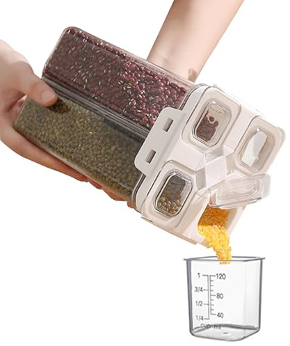 Cereal Storage Container, Leakproof Rice Dispenser, 4-grid Removable Dry Food Dispen-ser, Airtight Rice Kitchen Storage Containers With Measuring Cup, Clear Grain Dispens-er For Flour Cornflakes Bean