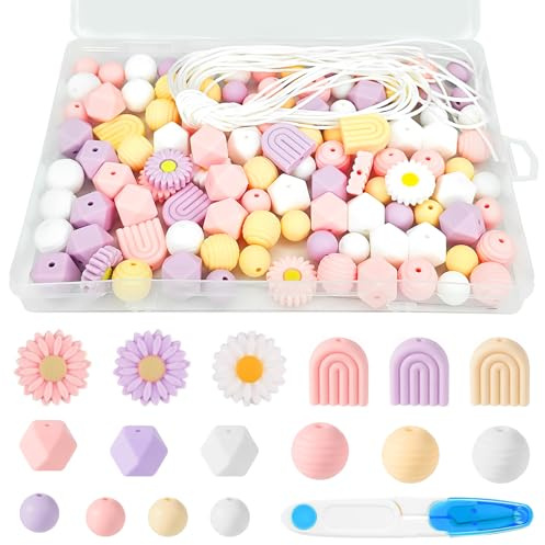 TTYSHIP® 112 Stück Silikonperlen, Gänseblümchen Silikonperlen mit Nylonseil, Perlennadel und Schere für DIY Schlüsselanhänge Handwerk Schmuckherstellung